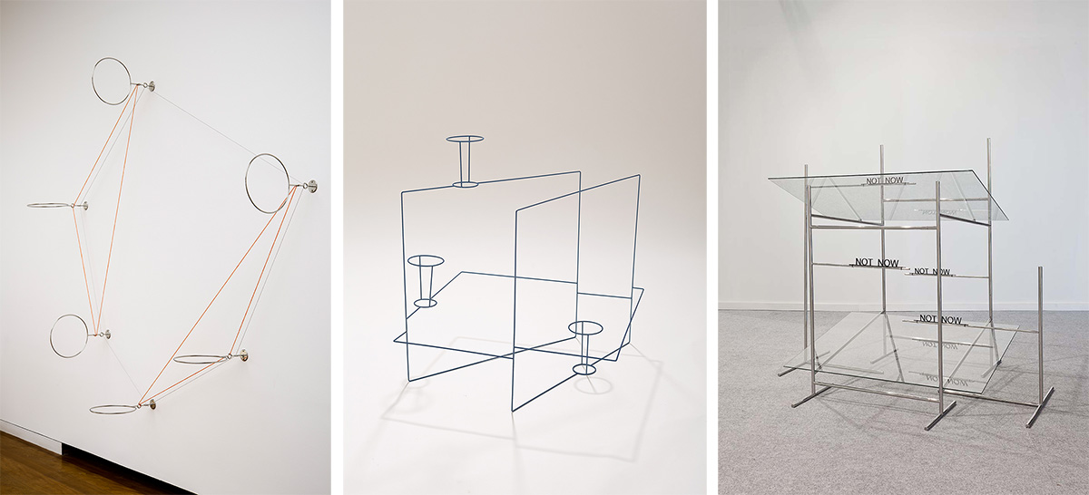 Left to Right: Waltercio Caldas, Wings, 2008, Stainless steel and eool yarm, 240 x 215 x 45 cm, Photo: Fabio del Re, Courtesy Galerie Xippas and Galeria Raquel Arnaud. Waltercio Caldas, Blue glasses, 2012, Enamel on stainless steel, 62,5 x 60 x 50,5 cm, Photo: Jaime Acioli, Courtesy Galerie Xippas and Galeria Raquel Arnaud. Waltercio Caldas, Not Now, 2014, Stainless steel, glass and acrylic, 150 x 163 x 128 cm, Photo: Jaime Acioli, Courtesy Galerie Xippas and Galeria Raquel Arnaud
