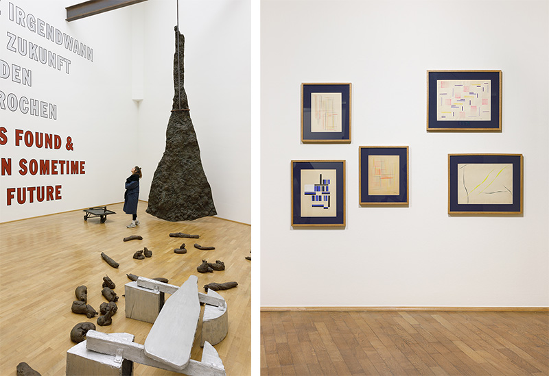 Left: Exhibition view, A Tale of Two Worlds: Experimental Latin American Art in Dialogue with the MMK Collection 1940s-1980s, Photo: Axel Schneider, Museum für Moderne Kunst Frankfurt am Main Archive. Right: Yente, Untitled, 1948-1949, Exhibition view MMK Museum für Moderne Kunst, © Liliana Crenovich, Photo: Axel Schneider, Museum für Moderne Kunst Frankfurt am Main Archive