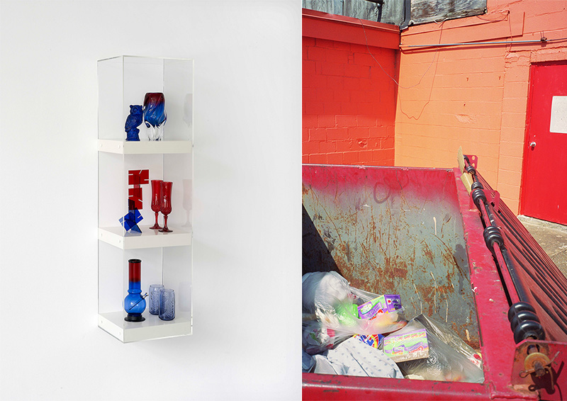 Left: Matthew Darbyshire, Untitled: Shelves No. 7 (Series 2), 2010, Resin cast owl figurine, Murano vase, acrylic desk sculpture, crystal d’arque champagne flutes, acrylic bong, McDonald’s Coca Cola, glasses, shelves, Perspex case, 120 × 30 × 30 cm, Courtesy of the artist and Herald St-London. Right: William Eggleston, Untitled (Red Dumpster, Orange Building, Memphis), 2005, Pigment print, 71.1 × 55.9 cm, © Eggleston Artistic Trust, Image courtesy of Victoria Miro-London and Cheim & Read-New York