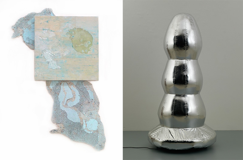 Left: Ellen Gallagher, Spoils, 2011, Painting: Oil, pencil and paper on canvas, Drawing: Gouache and cut paper, Painting 61 × 61 cm, Drawing 151 × 90 cm, © Ellen Gallagher, Image courtesy of Hauser & Wirth. Right: Paul McCarthy, Brancusi Tree (silver), 2007, Self-inflatable mylar fabric, 1 integrated fan, 190 × 90 cm, Courtesy: Paul McCarthy and Hauser & Wirth
