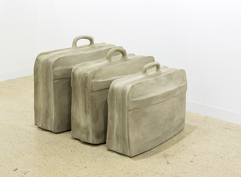 Rayyane Tabet, Fossils (The Suitcase), 2014, From the Series: Five Distant Memories: The Suitcase, The Room, The Toys, The Boat and Maradona, 2006-ongoing, Three suitcases encased in concrete, 84 × 70 × 34 cm, 90 × 75 × 34 cm, 80 × 60 × 33 cm, Image courtesy of Rayyane Tabet