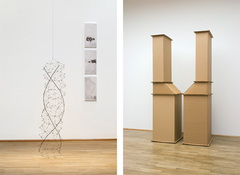 Left: Gego, Tronco n. 2, ca. 1975, Exhibition view MMK Museum für Moderne Kunst, © Fundación Gego, Photo: Axel Schneider. Right: Charlotte Posenenske, Vierkantrohre Serie DW, 1967, © Estate Charlotte Posenenske/Burkhard Brunn-Frankfurt am Main, Photo: Axel Schneider, Museum für Moderne Kunst Frankfurt am Main Archive
