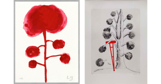 Left: Louise Bourgeois, Les Fleurs, 2009, Serigraphy on paper reworked with gouache, Ed. XI / L (each copy is unique because reworked), 27.9 x 21.6 cm, Galerie Karsten Greve Archive. Right: Louise Bourgeois, Topiary (The Art of Improving Nature), 1998, 9 Parts / Part 9/9, Dry point and aquatint on vellum paper Magnani Incisioni , Ed. 4/28 (Edition: 28 plus 12 A.P., 3 P.P., 1 H.C., 1 B.A.T.), 98.5 x 70.5 cm, Portfolio with 9 compositions: all with engraving and dry point, 5 with aquatint, 3 with additions, Publisher: Julie Sylvester-Cabot, Whitney Museum of American Art Editions-New York Printer: Harlan & Weaver-New York Cat. No. 444-452 Collections: MoMA-New York, Whitney Museum of American Art-New York and Tate Modern, London, Galerie Karsten Greve Archive