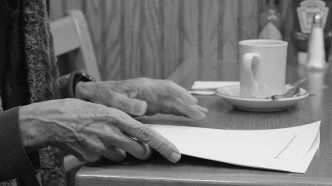 Adam Pendleton, Just Back from Los Angeles: A Portrait of Yvonne Rainer (Video Still), 2016–17, Single-channel B&W video with sound, 13:51 min, Dimensions variable, Courtesy the artist, MIT List Visual Arts Center Archive