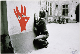 VALIE EXPORT, Konfiguration mit Roter Hand, 1972, Colored pencil on black and white photograph, 42 x 62 cm, Framed 56 x 79 cm, Ed. of 2, © VALIE EXPORT / Adagp Paris 2017, Courtesy Galerie Thaddaeus Ropac London/Paris/Salzburg