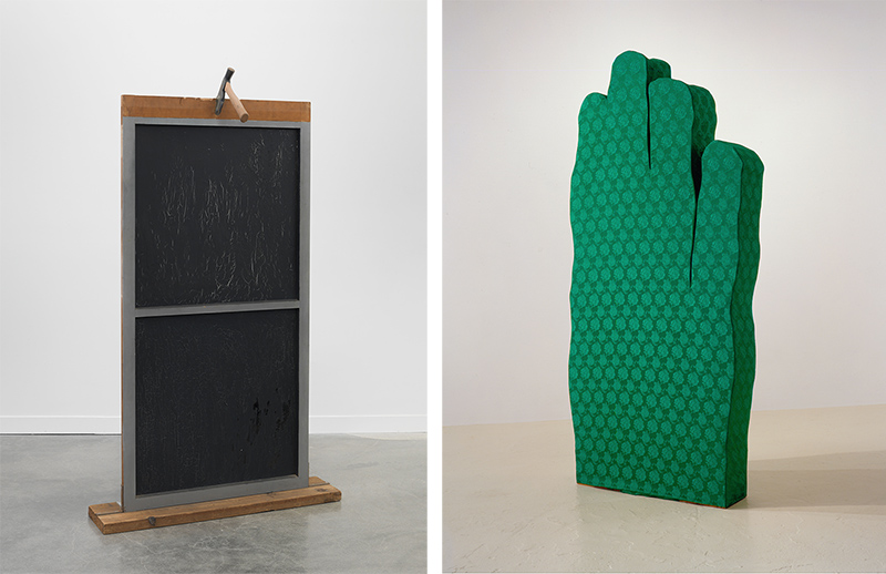 Left: Jim Dine, Window with an Axe, 1961-62, Wood, painted glass and object, 161 x 81 x 33 cm, Collection Centre Pompidou, Musée national d’art modern, Photo © Adam Reich, © Adagp, Paris 2017. Right: Jim Dine, Nancy and I at Ithaca (Green Hand) 1966-69, Fabric on plywood, 213,4 x 100 x 20,5 cm, Collection Centre Pompidou, Musée national d’art modern, Photo © Ellen Page Wilson, © Adagp, Paris 2017
