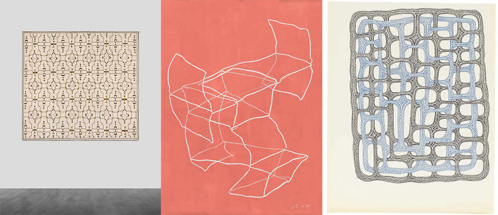 Left: Sara Flores, Punté Quené, n.d., Vegetal dyes on canvas, 139.7 x 149.2 cm, Courtesy Shipibo Conibo Center-New York. Center: Brigitte Mahlknecht, Fast Architektur 1, 2017, Wax crayon on primed paper, 55.8 x 41.7 cm, Courtesy of the artist. Right: James Siena, Manifold VI, 2015, Black-and-blue ink on paper, 29.5 x 23.5 cm, Courtesy of the artist and Pace Gallery, Photo: Kerry Ryan McFate