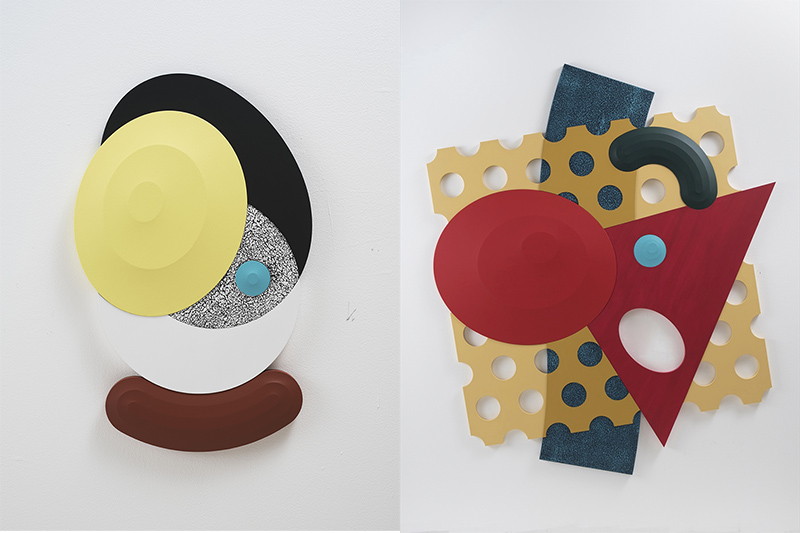 Left: Josh Sperling, Poppycock, 2017, Acrylic paint on canvas and plywood, 81.3 x 50.8 cm, © Farzad Owrang / Courtesy Perrotin. Right: Josh Sperling. Rotten Eggs, Cheese and Gasoline, 2017, Acrylic paint on canvas and plywood, 203.2 x 172.7 cm, © Farzad Owrang / Courtesy Perrotin