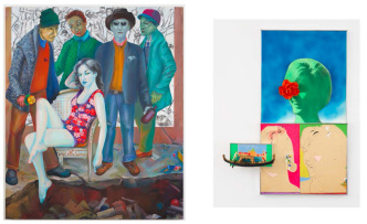Left: Martial Raysse, NOW, 2017, acryl on canvas, 209 x 175.5 cm, Lévy Gorvy Gallery Archive. Right: Martial Raysse, Portrait de Gabriella la jolie vènetienne, 1963, mixed media on canvas, 88 x 62 x 9.5 cm, Lévy Gorvy Gallery Archive