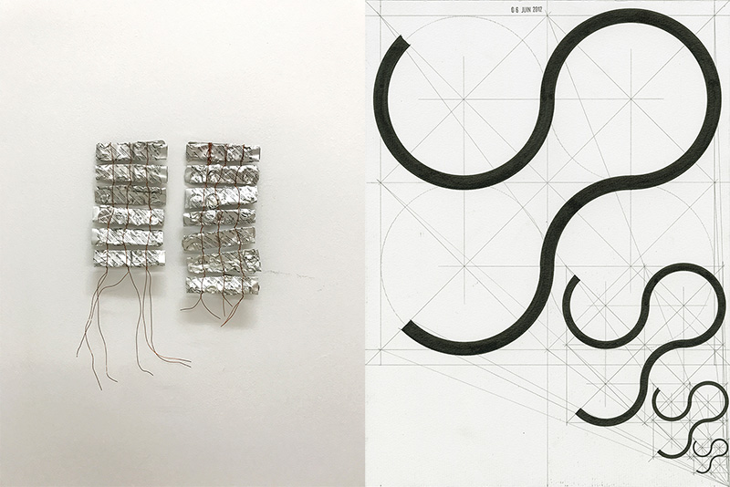 Left: Hassan Sharif, Blister Packs, 2016, Blister packs, copper wire (two parts), Estate of Hassan Sharif, Courtesy Gb agency Paris and Estate of Hassan Sharif. Right: Henri Jacobs, Journal Drawing 637, 6 June 2012, Detection 2, Pencil and ink on paper