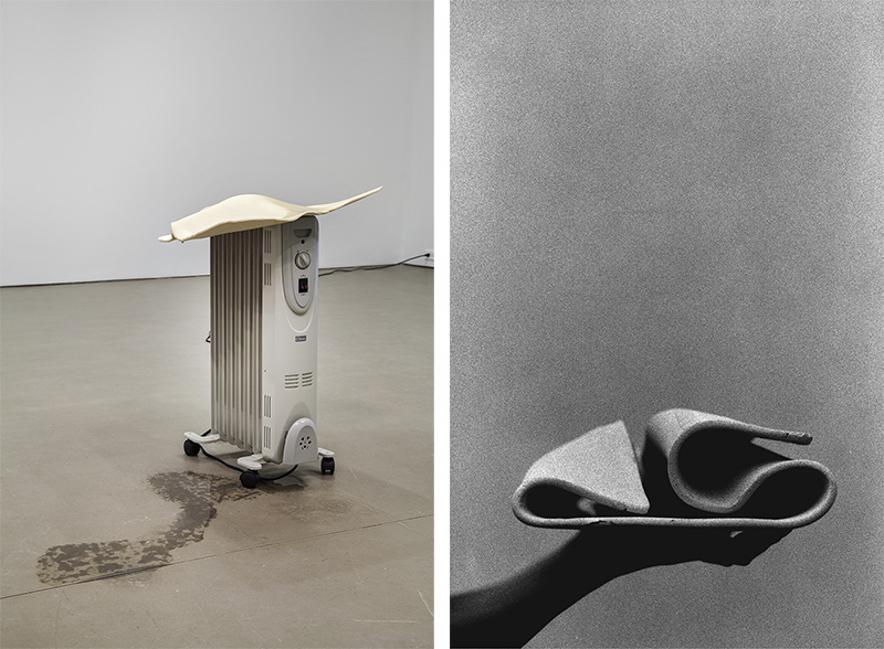 Left: Hassan Katinka Bock, _o_o__o (hot fountain), 2017, Electric cable, metal ceramics, water, plastic tube, Photo: Yuula Benivolski, Courtesy Galerie Jocelyn Wolff. Right: Katinka Bock, Zarba Lonsa, 2015 (film still), Digitalization black/white film in super 8, Length: 4 min