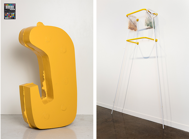 Left: Nairy Baghramian, Mooring (standing), 2016, Cast aluminium, lacquered, Photo: Timo Ohler, Courtesy the artist, Galerie Buchholz, Marian Goodman Gallery and kurimanzutto. Right: Nairy Baghramian, Mops Single, 2013, Painted metal, cotton, silicon, Photo: Helene Toresdotter, Courtesy the artist, Galerie Buchholz, Marian Goodman Gallery and kurimanzutto