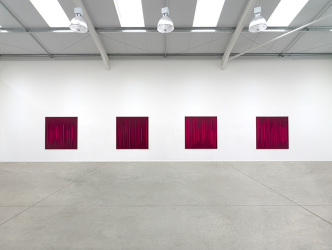 Rachel Howard, Paintings of Violence (Why I am not a mere Christian) (detail), 2011-16, Oil and acrylic on canvas, wood, 7 towels, and pigment, 10 canvases, each 168 x 168 cm, Box: 77.5 x 35.6 x 33 cm, With towels: 109.2 x 35.6 x 33 cm, Courtesy the artist and Blain|Southern