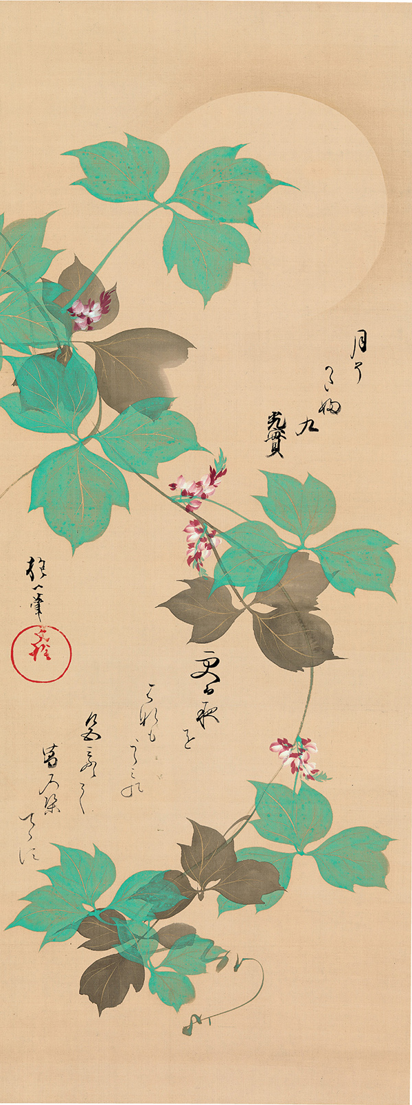 酒井抱一筆 外山光實賛 月に葛花図, Painting by Sakai Hōitsu (1761–1828), Inscription by Toyama Mitsuzane (1756–1821) Moon and Kudzu Vine , Edo period (1615–1868), probably ca. 1820 Hanging scroll; ink and color on silk, 92 x 34.7 cm, Ex coll. Manno Art Museum-Osaka, Fishbein-Bender Collection, Photo: John Bigelow Taylor