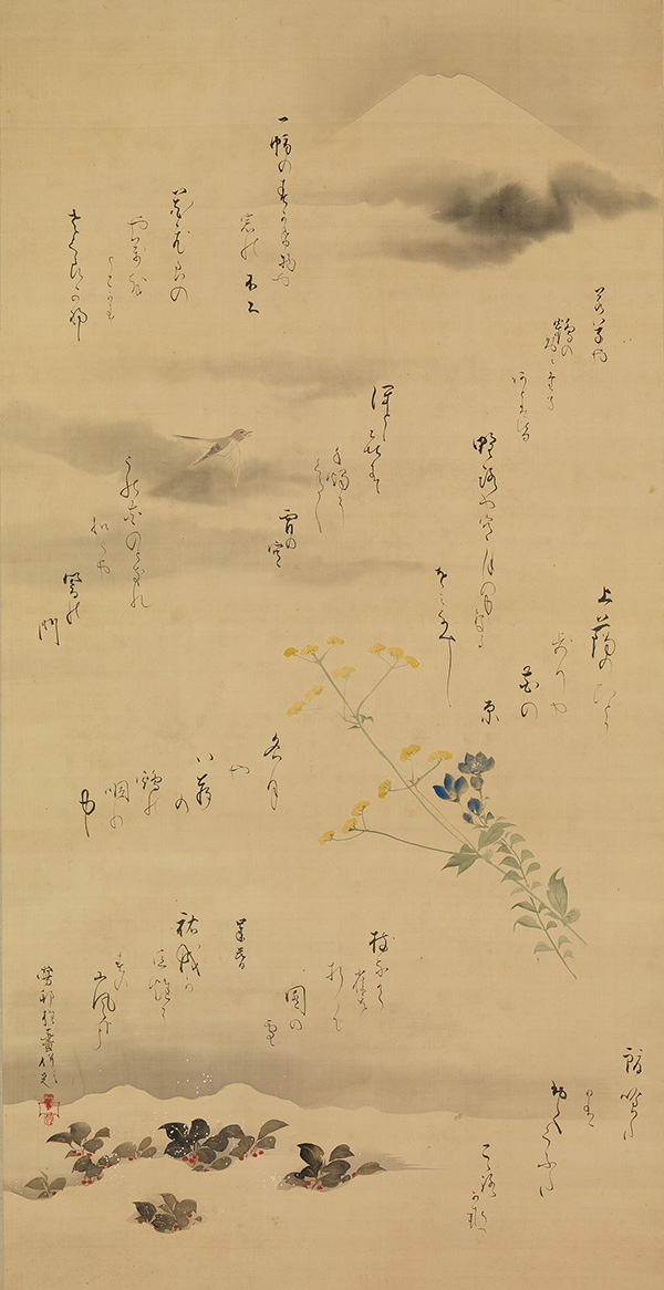 酒井抱一筆 四季画賛図, Painting and inscription by Sakai Hōitsu (1761–1828), Scenes and Poems of the Four Seasons, Edo period (1615–1868), after 1817, Hanging scroll; ink and light colors on silk, 133 x 68.6 cm, Fishbein-Bender Collection, Promised Gift of T. Richard Fishbein and Estelle P. Bender, Photo: John Bigelow Taylor
