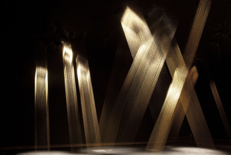 Lygia Pape, Ttéia 1,C, 2003/2012, Golden thread, wood, nails, light, Unique, Dimensions variable, © Projeto Lygia Pape, Courtesy Projeto Lygia Pape and Hauser & Wirth, Photo: Paula Papeirth, Photo: Paula Pape