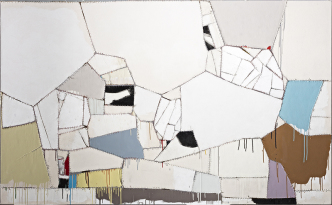 Sally Ross, Queequeg, 2014, Enamel, matt medium and gesso on canvas pieces, nylon thread, 160 x 259 cm, © Sally Ross, Photo: Carlo Vannini
