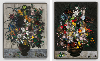 Left: Matthew Day Jackson, Bouquet of Flowers in a Vase, 2017, Formica, silkscreen, lead on panel, stainless steel frame, 125.7 x 103.5 x 5 cm, © Matthew Day Jackson, Photo: Matthew Kroening, Hauser & Wirth Gallery Archive. Right: Matthew Day Jackson, Flowers in a Wooden Vessel, 2017, Formica, silkscreen, acrylic paint on cast urethane on panel, stainless steel frame, 245.1 x 183.2 x 5 cm, © Matthew Day Jackson, Photo: Matthew Kroening, Hauser & Wirth Gallery Archive