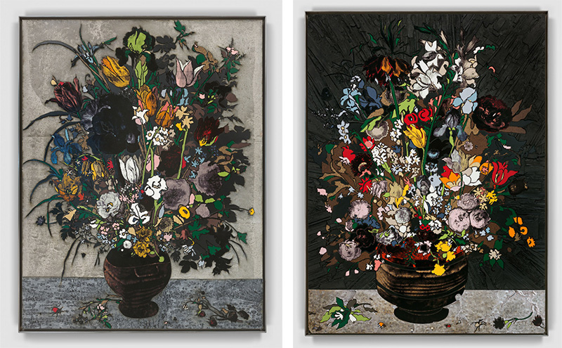 Left: Matthew Day Jackson, Bouquet of Flowers in a Vase, 2017, Formica, silkscreen, lead on panel, stainless steel frame, 125.7 x 103.5 x 5 cm, © Matthew Day Jackson, Photo: Matthew Kroening, Hauser & Wirth Gallery Archive. Right: Matthew Day Jackson, Flowers in a Wooden Vessel, 2017, Formica, silkscreen, acrylic paint on cast urethane on panel, stainless steel frame, 245.1 x 183.2 x 5 cm, © Matthew Day Jackson, Photo: Matthew Kroening, Hauser & Wirth Gallery Archive