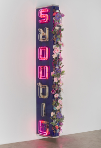 Nari Ward, Mount Eden LiquorsouL, 2017, Salvaged neon liquor sign, shoes, artificial flowers, shoelaces, and pvc tube, x 66 x 68.6 cm, © Nari Ward, Courtesy the artist and Lehmann Maupin Gallery