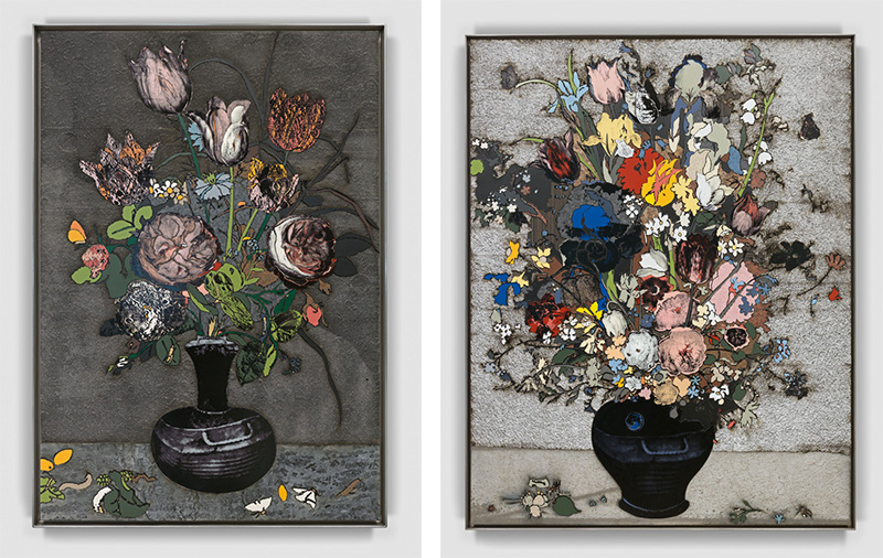 Left: Matthew Day Jackson, Flower Vase, 2018, Formica, silkscreen, acrylic paint on epoxy resin on panel, stainless steel frame, 137.8 x 95.9 x 5.1 cm, © Matthew Day Jackson, Photo: Genevieve Hanson, Hauser & Wirth Gallery Archive. Right: Matthew Day Jackson, A Stoneware Vase of Flowers, 2018, Formica, silkscreen, acrylic paint on epoxy resin on panel, stainless steel frame, 156.2 x 122.2 x 5.1 cm, © Matthew Day Jackson, Photo: Matthew Kroening, Hauser & Wirth Gallery Archive