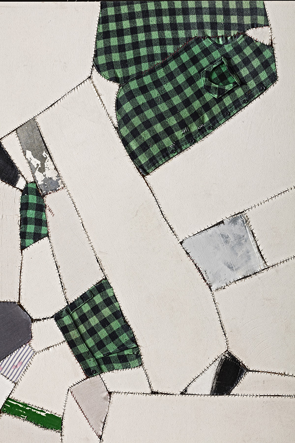 Sally Ross, Goodbye Old Friend (Detail), 2014, Oil, enamel, acrylic, colored pencil and gesso on canvas pieces, wool shirt, nylon thread, 198 x 498 cm, © Sally Ross, Photo: Carlo Vannini