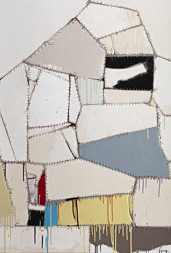 Sally Ross, Queequeg (Detail), 2014, Enamel, matt medium and gesso on canvas pieces, nylon thread, 160 x 259 cm, © Sally Ross, Photo: Carlo Vannini