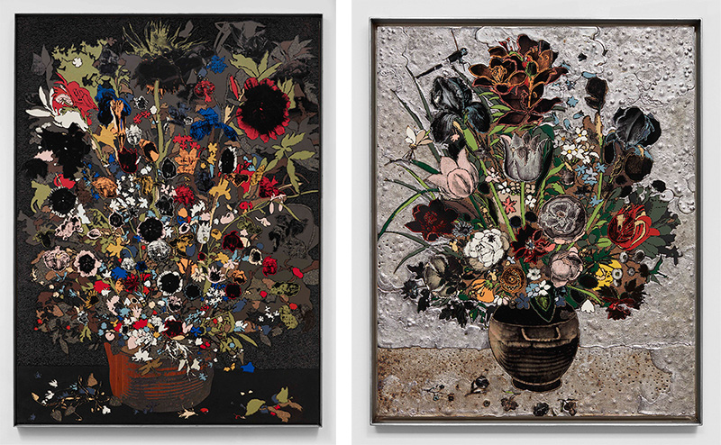 Left: Matthew Day Jackson, Flowers in a Wooden Vessel, 2017, Formica, silkscreen, acrylic paint on cast urethane on panel, stainless steel frame, 245.1 x 183.2 x 5 cm, © Matthew Day Jackson, Photo: Matthew Kroening, Hauser & Wirth Gallery Archive. Right: Matthew Day Jackson, Bouquet of Flowers in a Glass Vase, 2018, Formica, silkscreen, scorched wood, acrylic paint on epoxy resin, lead on panel, stainless steel frame, 137.5 x 95.3 x 5.1 cm, © Matthew Day Jackson, Photo: Genevieve Hanson, Hauser & Wirth Gallery Archive