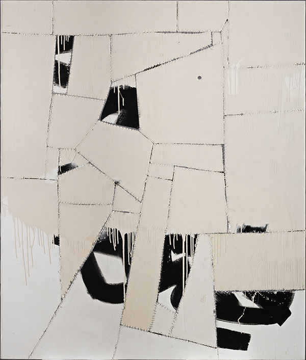 Sally Ross, Holy Roller, 2013, Enamel, oil, gesso and matt medium on canvas pieces, nylon thread, 190,5 x 160 cm, © Sally Ross, Photo: Carlo Vannini