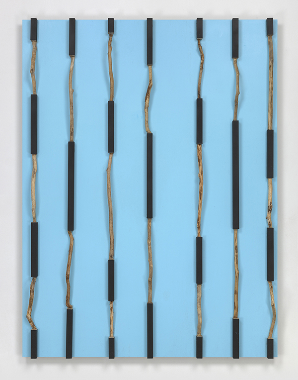 Kishio Suga, Elapsing Zones, 2017, Wood, paint, branches, 71 5/8 x 54 3/8 x 5 1/8 inches, © Kishio Suga, Courtesy of the artist and Blum & Poe-Los Angeles/New York/Tokyo