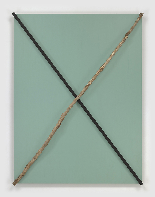 Kishio Suga, Intersection of Elapsed Factors, 2017, Wood, paint, branch, 72 1/2 x 54 x 6 3/4 inches, © Kishio Suga, Courtesy of the artist and Blum & Poe-Los Angeles/New York/Tokyo