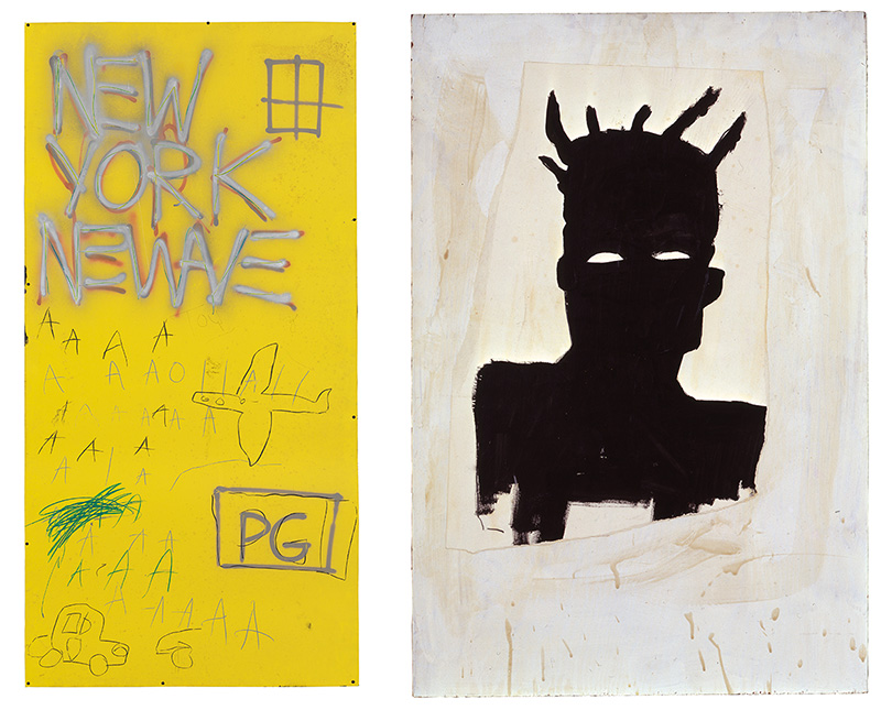 Left: Jean-Michel Basquiat, Untitled, 1980, Enamel, spray paint and oil stick on enamelled metal, Whitney Museum of American Art-New York, gift of an anonymous donor, © VG Bild-Kunst-Bonn, 2018 & Artists Rights Society (ARS)-New York/ ADAGP-Paris & The Estate of Jean-Michel Basquiat, Licensed by Artestar-New York, Courtesy Whitney Museum of American Art. Right: Jean-Michel Basquiat, Self-Portrait, 1983, Oil on paper and wood, Collection Thaddaeus Ropac, © VG Bild-Kuns-Bonn, 2018 & The Estate of Jean-Michel Basquiat, Licensed by Artestar-New York, Courtesy Collection Thaddaeus Ropac-London