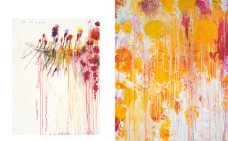 Left: Cy Twombly, Coronation of Sesostris (Part V), 2000 (detail), Acrylic, wax crayon, and lead pencil on canvas, 206 × 156.5 cm, © Cy Twombly Foundation, Courtesy Gagosian Gallery. Right: Cy Twombly, Untitled, 2001, Acrylic, wax crayon, and cut-and-pasted paper on paper, 123.2 × 98.4 cm, © Cy Twombly Foundation, Photo: Rob McKeever, Courtesy Gagosian Gallery