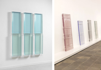 Left: Rachel Whiteread, "LOOK, LOOK, LOOK", 2012, Resin, Three panels each 189.5 × 39.5 × 15, Private Collection; Photo courtesy the artist and Mike Bruce. Right: Installation View: RACHEL WHITEREAD, © Belvedere, Vienna, 2018, Photo: Johannes Stoll