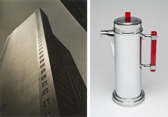 Left: Lloyd Ullberg, PSFS Building, Philadelphia, c.1932 - 1933, Gelatin silver print, image and sheet: 10 x 7 3/8 inches, Philadelphia Museum of Art: Purchased with the Lola Downin Peck Fund, 1999-121-3. Right: Unknown, Cocktail Shaker with Handle, c.1930s, Chromium, Bakelite, 12 x 6 3/4 x 4 1/4 inches, Philadelphia Museum of Art: Gift of Martina Schaap Yamin, 2013-28-66a,b
