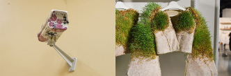 Left: Burçak Bingöl, Follower, 2017, Ceramics, 35 x 33 x 10 cm, © the artist, Teachers College-Columbia University Archive. Right: Jacob Olmedo, And The World Will Be As One, 2018, Installation with hydroponic textiles, Dimensions Variable, © the artist, Teachers College-Columbia University Archive