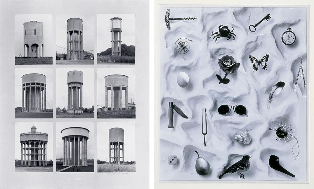 Left: Bernd and Hilla Becher, Chateaux d’Eau, 1972 , 9 framed silver prints, 91 x 73 cm each. Right: Robert Doisneau, Untitled (Composition aux objets), 1964, Silver print, 26.5 x 22.5 cm