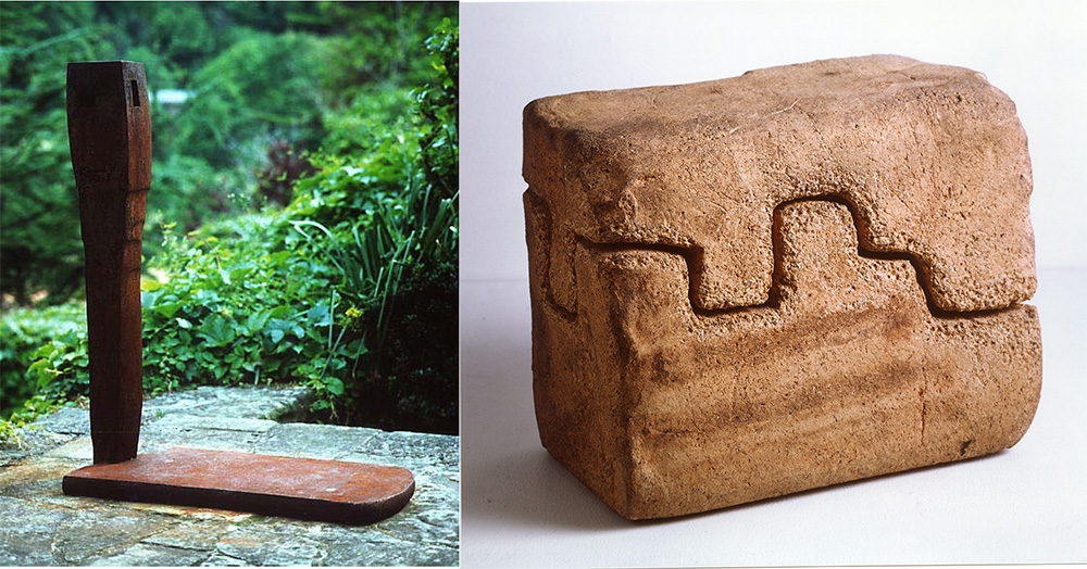 Left: Eduardo Chillida, Begirari III,1994, Steel, 96.5 x 80 x 37.5 cm, © Estate of Eduardo Chillida, Courtesy of the estate and Hauser & Wirth. Right: Eduardo Chillida, Lurra 4, 1997, Chamotte clay, 20 x 28 x 10 cm, © Estate of Eduardo Chillida, Courtesy of the estate and Hauser & Wirth