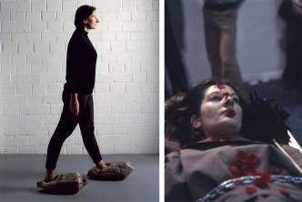 Left: Marina Abramović, Shoes for Departure, 1991, © Marina Abramović, Photo: Heini Schneebeli, Courtesy Marina Abramović Archives, VG Bild-Kunst-Bonn 2018. Right: Marina Abramović, Rhythm 0, Performance, 6 hours, Studio Morra-Naples, 1974, © Marina Abramović, Photo: © Donatelli Sbarra, Courtesy of the Marina Abramović Archives, VG Bild-Kunst-Bonn 2018