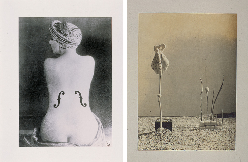 Left: Man Ray, Violon d’Ingres, 1924, Silver print, 39 x 28 cm, © Man Ray Trust / Artists Rights Society (ARS)-New Tork/ ADAGP-Paris 2018. Right: Raoul Ubac, Maquette pour un paysage irrationnel, 1935, Silver print, 16.5 x 12 cm
