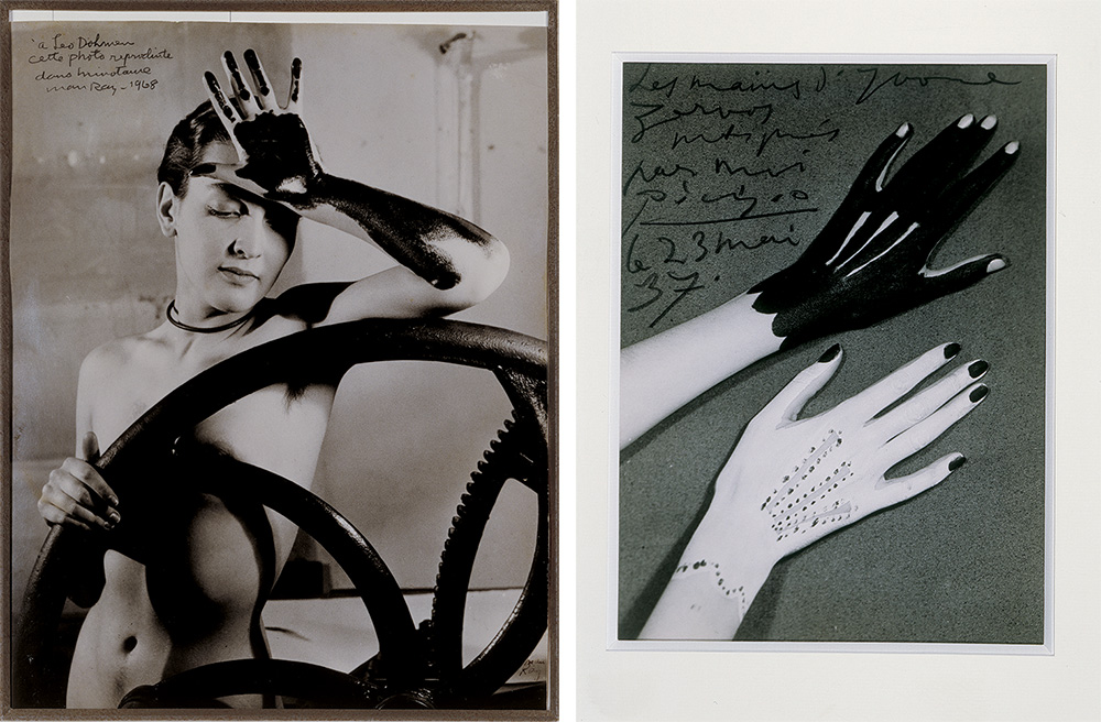 Left: Man Ray, Érotique voilée (Meret Oppenheim), 1933 – 1968, Silver print, 30 x 23 cm, © Man Ray Trust / Artists Rights Society (ARS)-New York / ADAGP-Paris 2018, Right: Man Ray, Les mains d’Yvonne Zervos peintes par Pablo Picasso (Hands of Yvonne Zervos painted by Pablo Picasso) , 1937, Silver print, 22.3 x 16.5 cm; © Man Ray Trust / Artists Rights Society (ARS)-New York / ADAGP-Paris 2018