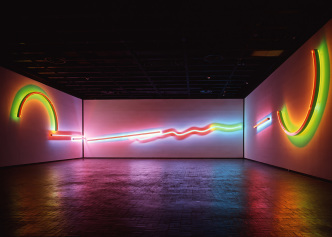 Stephen Antonakos, Proscenium, 2000, Neon and painted raceways, 3 walls, left to right (wall A: 20'6" x 66'11", wall B: 20'6" x 55'2", wall C: 20'6" x 66'11"), Collection of the Neuberger Museum of Art, Purchase College, SUNY. Photo: Jim Frank, Courtesy The Neuberger Museum of Art