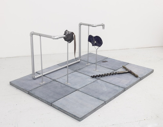 Julia Phillips, Extruder (#1), 2017, Partially glazed ceramics, screws, metal structure, metal pipes, concrete tiles, lacquer, Courtesy the artist