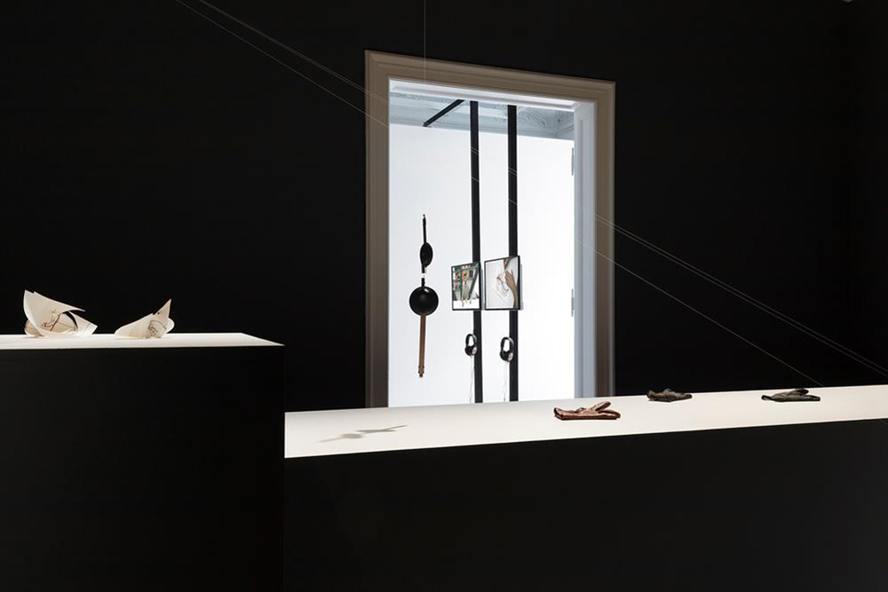 Pedro Gómez-Egaña, The Common Ancestor (Detail), 2018, Installation (videos, folded drawings, neodyme magnets, printed paper, leather gloves with DC motors, ceramic, sculptures, pendulums), Dimensions Variable, © Pedro Gómez-Egaña, Courtesy the artist and Zilberman Gallery-Istanbul/Berlin