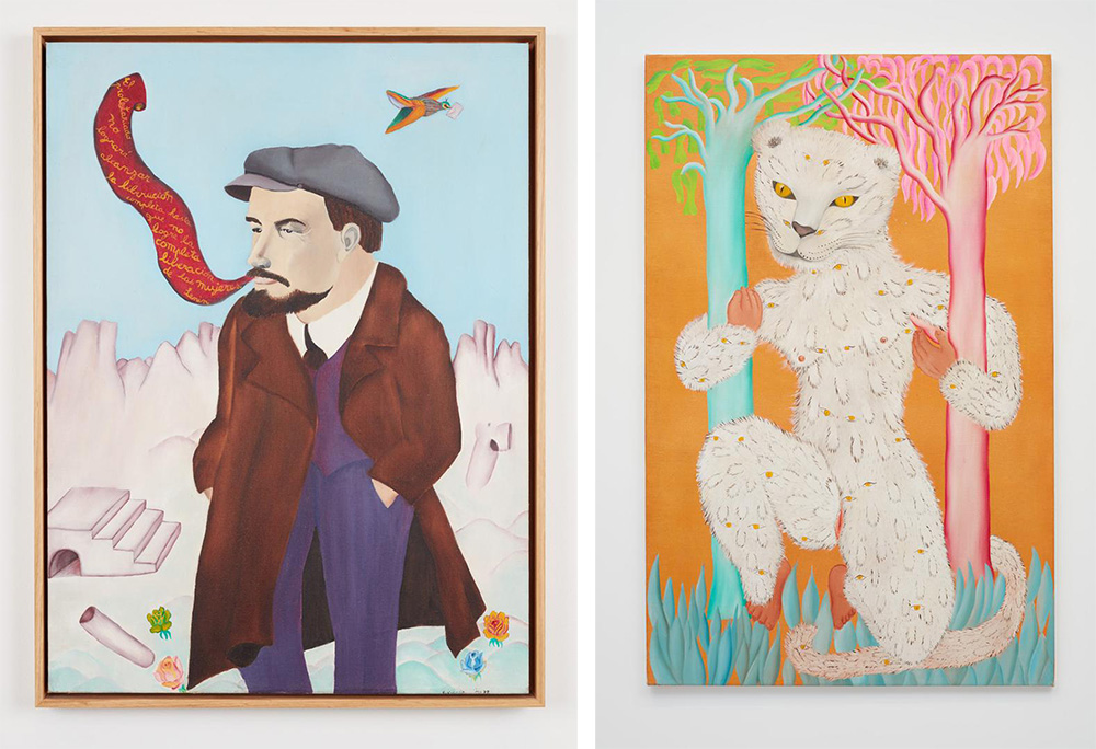 Left: Cecilia Vicuña, Lenin, 1972, Oil on canvas, 72.4 x 54.6 x 3.2 cm, Signed and dated lower right, © Cecilia Vicuña, Courtesy the artist and Lehmann Maupin Gallery. Right: Cecilia Vicuña, Leoparda de Ojitos, 1976, Oil on cotton canvas, 140.7 x 90.2 cm (image), © Cecilia Vicuña, Courtesy the artist and Lehmann Maupin Gallery
