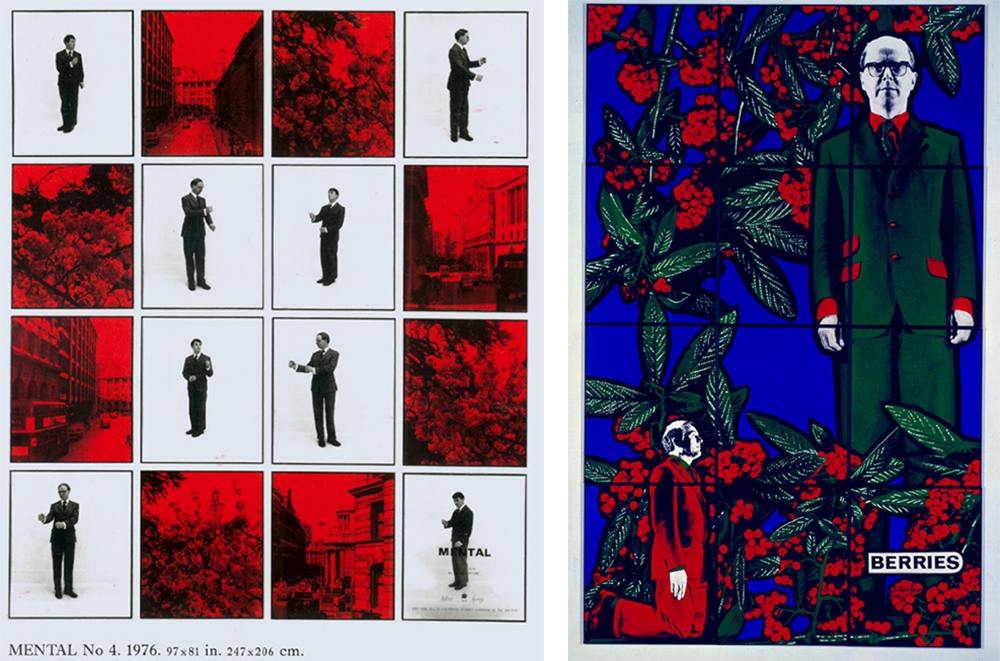 Left: Gilbert & George, Mental No. 4, 1976, 16 panels, 225 x 214 cm, The Sonnabend Collection and António Homem. Right: Gilbert & George, Berries, 1985, 12 panels, 241 x 150 cm, The Sonnabend Collection and António Homem