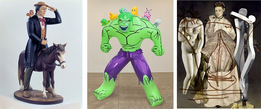 Left: Jeff Koons, Buster Keaton, 1988, Polychromed wood, 167 x 127 x 67,3 cm, The Sonnabend Collection e and António Homem. Center: Jeff Koons, Hulk (Friends), 2004-2012, Polychromed bronze, 181 x 123,2 x 66 cm, The Sonnabend Collection and António Homem. Right: Jeff Koons, Antiquity (Woman with Parrot), 2012-2016, Oil on canvas, 274,3 x 213,4 cm, The Sonnabend Collection e and António Homem