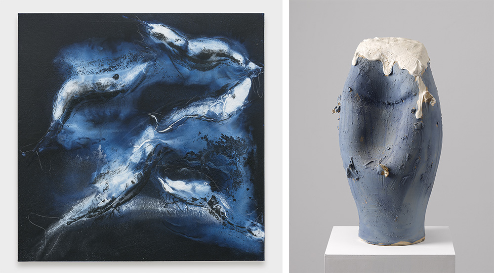 Left: Miquel Barceló, Ecrevissable, 2016, Mixed media on canvas, 160 x 160 cm, © Miquel Barceló, Photo: Ulrich Ghezzi, Courtesy Galerie Thaddaeus Ropac-London/Paris/Salzburg. Right: Miquel Barceló, Urne dégoulinante, 2017, Ceramic, 73 x 41 x 33 cm, © Miquel Barceló, Photo: Ulrich Ghezzi, Courtesy Galerie Thaddaeus Ropac-London/Paris/Salzburg