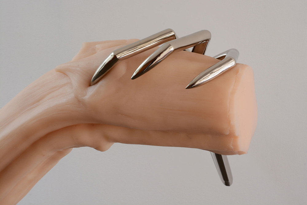 Hannah Levy, Untitled (detail), 2018, 68.5 x 180 x 84 cm, Nickel plated steel, silicone, and polyurethane, Courtesy the artist and David Zwirner Gallery