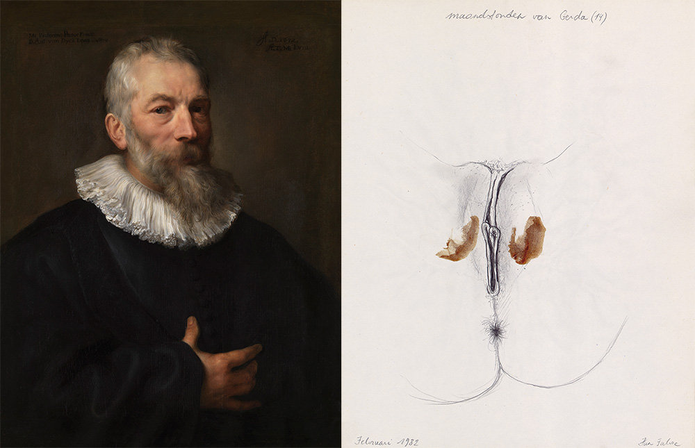 Left: Anthony van Dyck, The painter Marten Pepijn, 17th century, Royal Museum of Fine Arts, Antwerp, Jan Fabre : Maandstonden van Gerda (14) (1982) (series : Mijn bloeddruppels, mijn bloedafdrukken) HB pencil and blood on paper, 27,5 x 21,5 cm, Private Collection Belgium, © Angelos bvba
